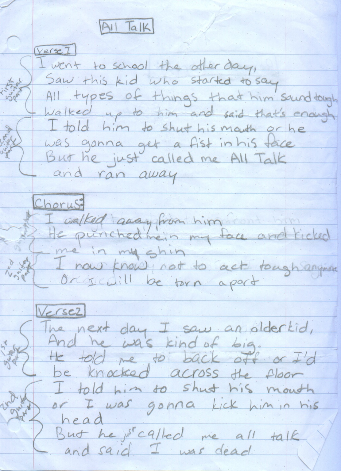 Original handwritten All Talk lyrics, 2001