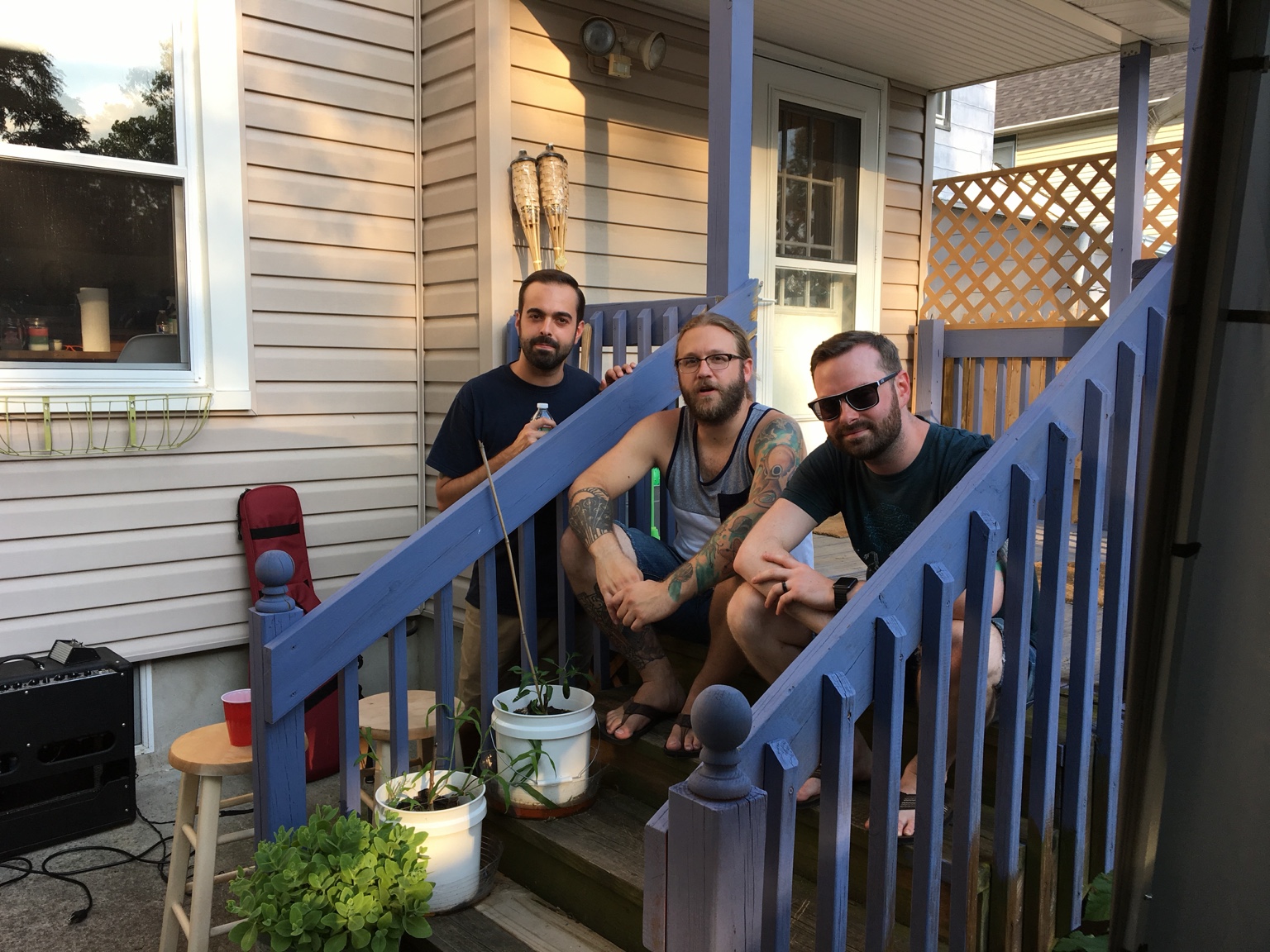 Group photo on the backyard steps at Bands Without Borders, July 17, 2016