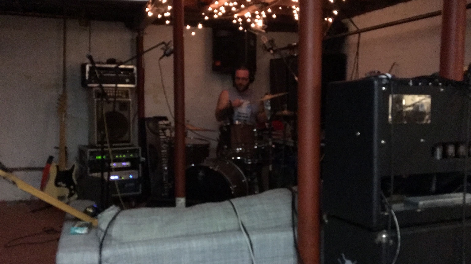 Darkroom Honeymoon EP recording in the basement, 2016 — Drums and recording setup