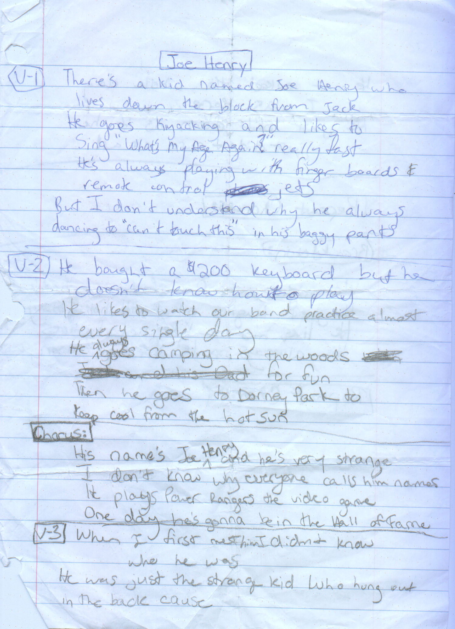 Joe Henry — original handwritten lyrics, page 1 of 1
