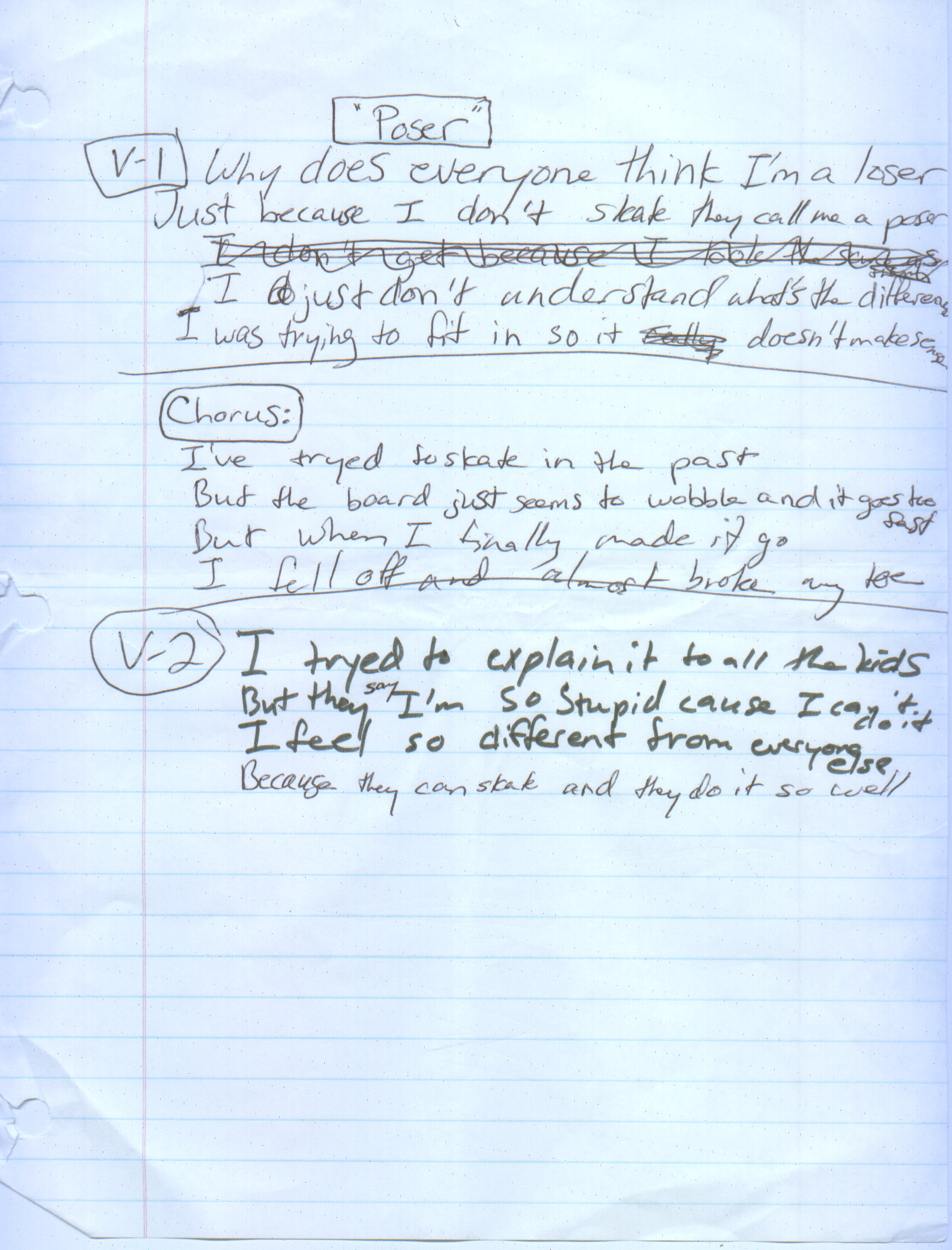Poser — original handwritten lyrics, page 1 of 1