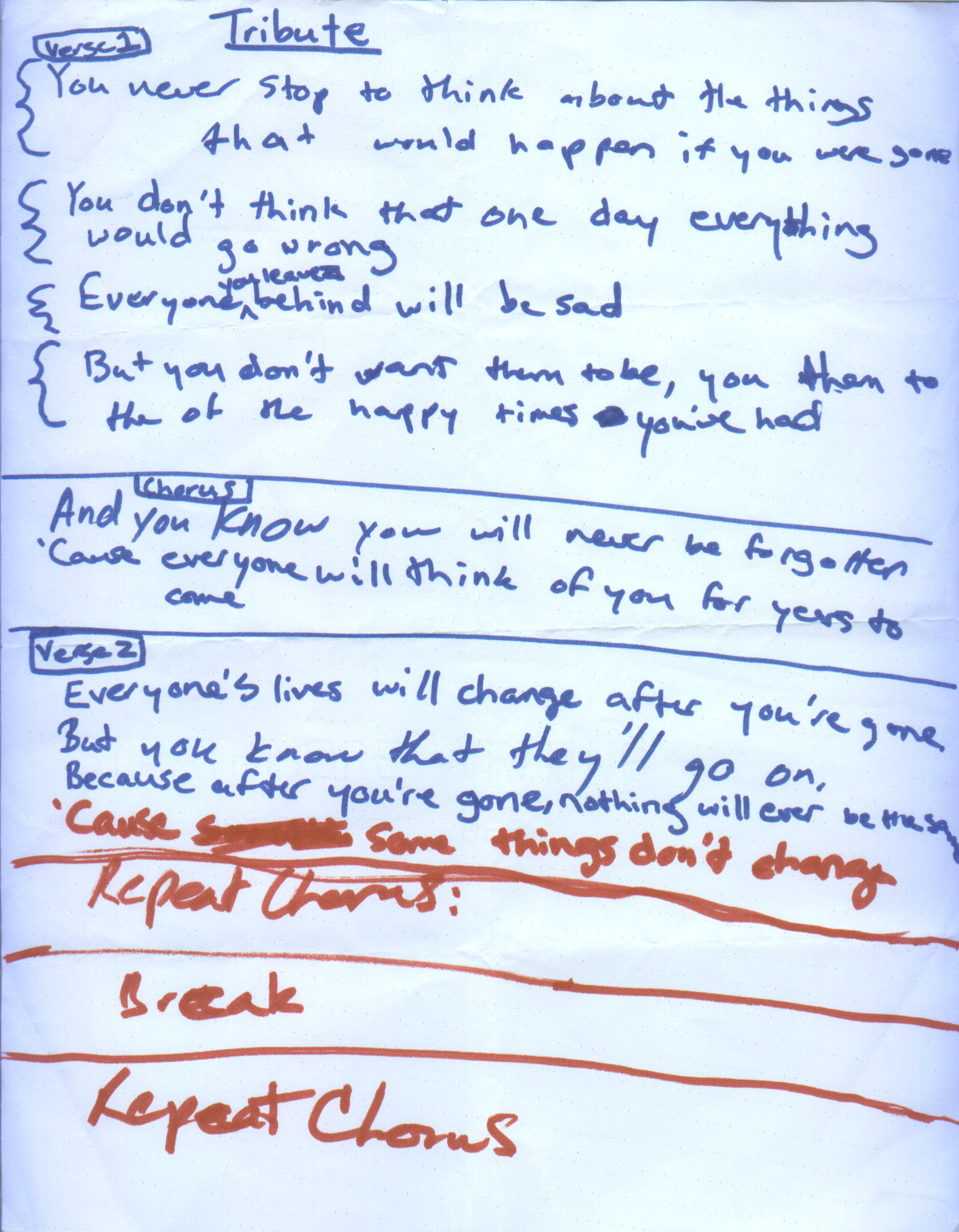 Tribute — original handwritten lyrics, page 1 of 1