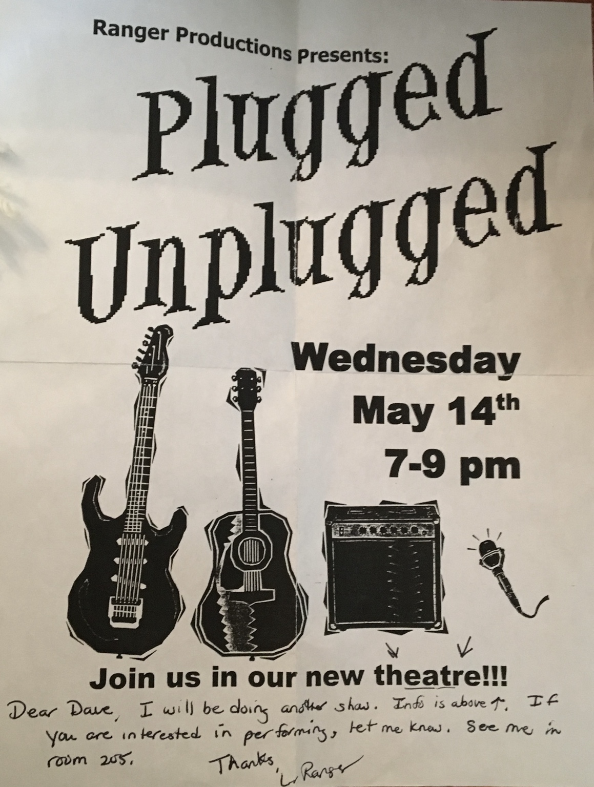Original May 14, 2003 Plugged/Unplugged flyer with handwritten invitation from Ms. Ranger