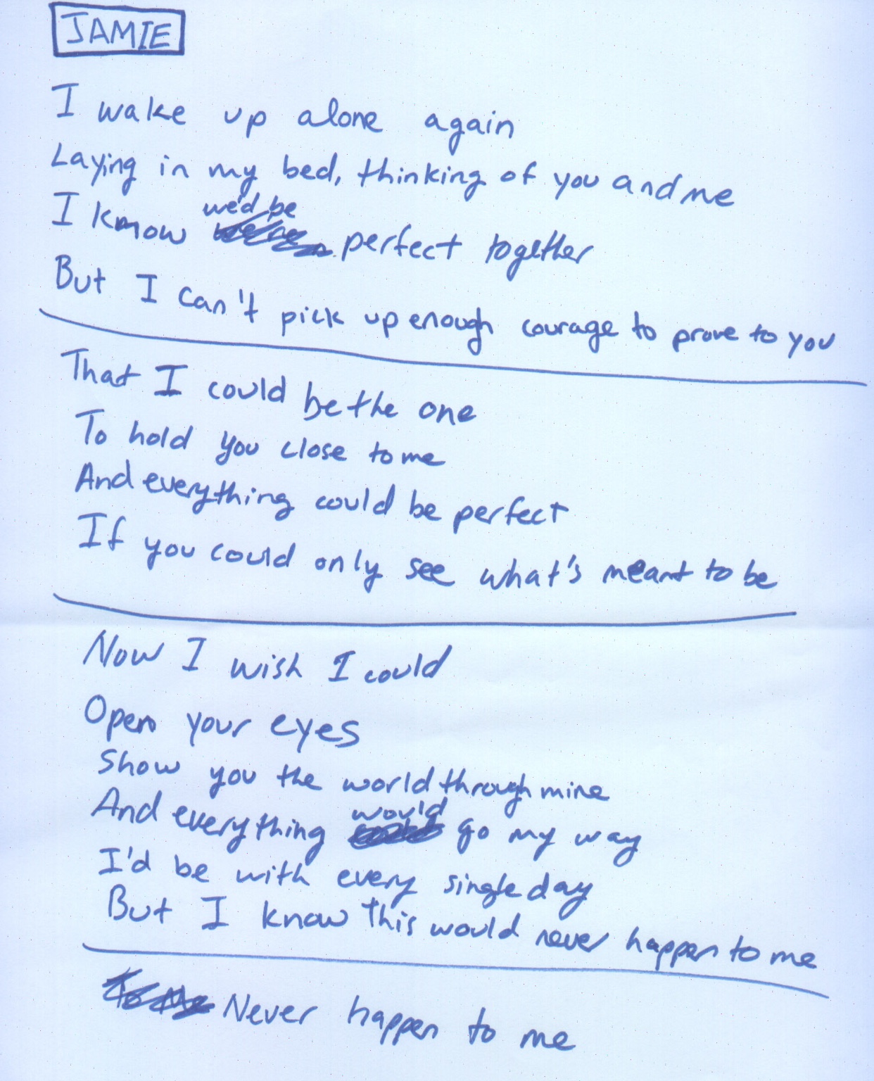 Original handwritten lyrics for Jamie