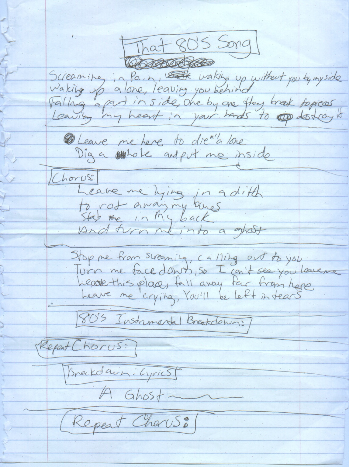 Original handwritten lyrics for That 80’s Song